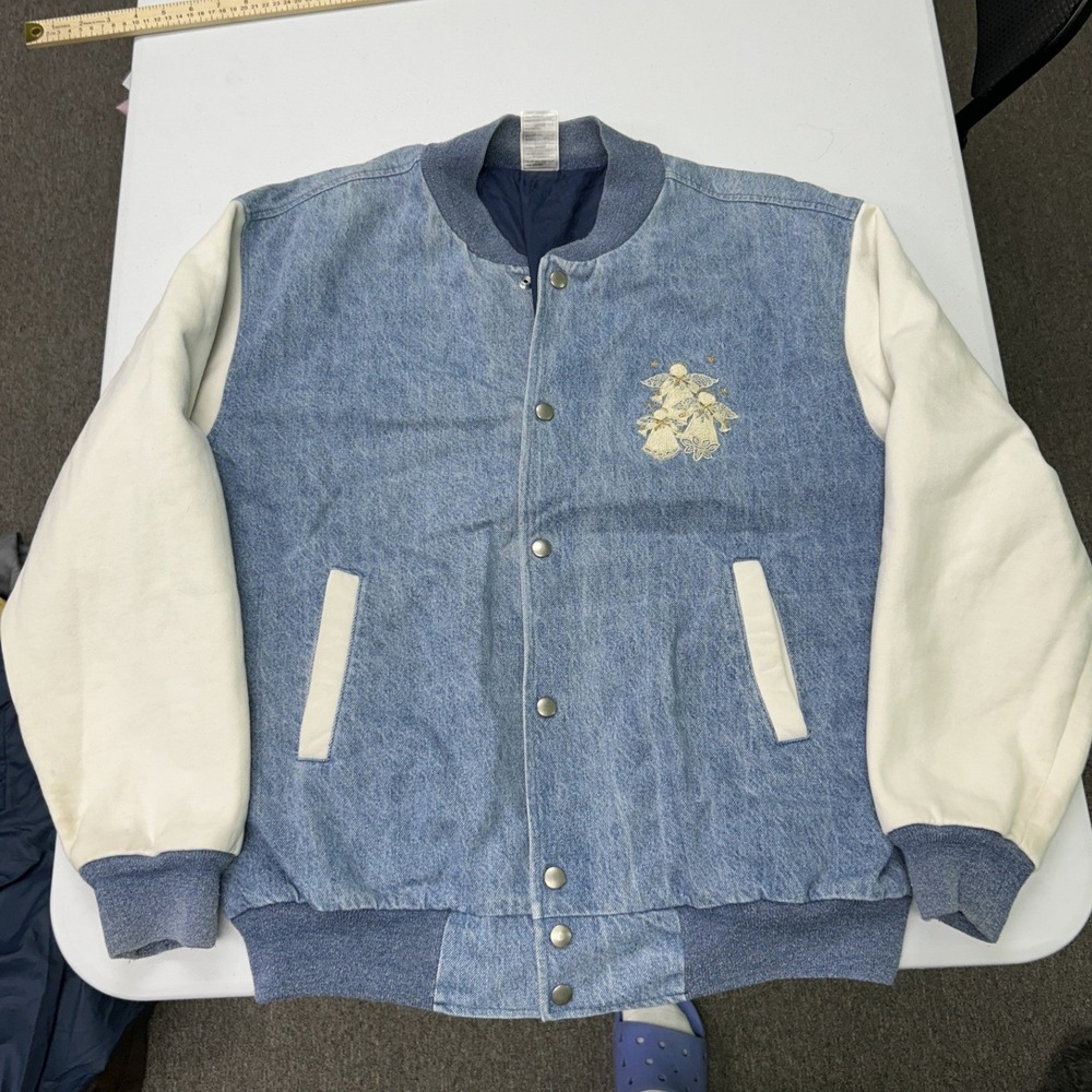 Fruit of the Loom Varsity Jacket Mens Large Blue Denim Angel Embroidered H1